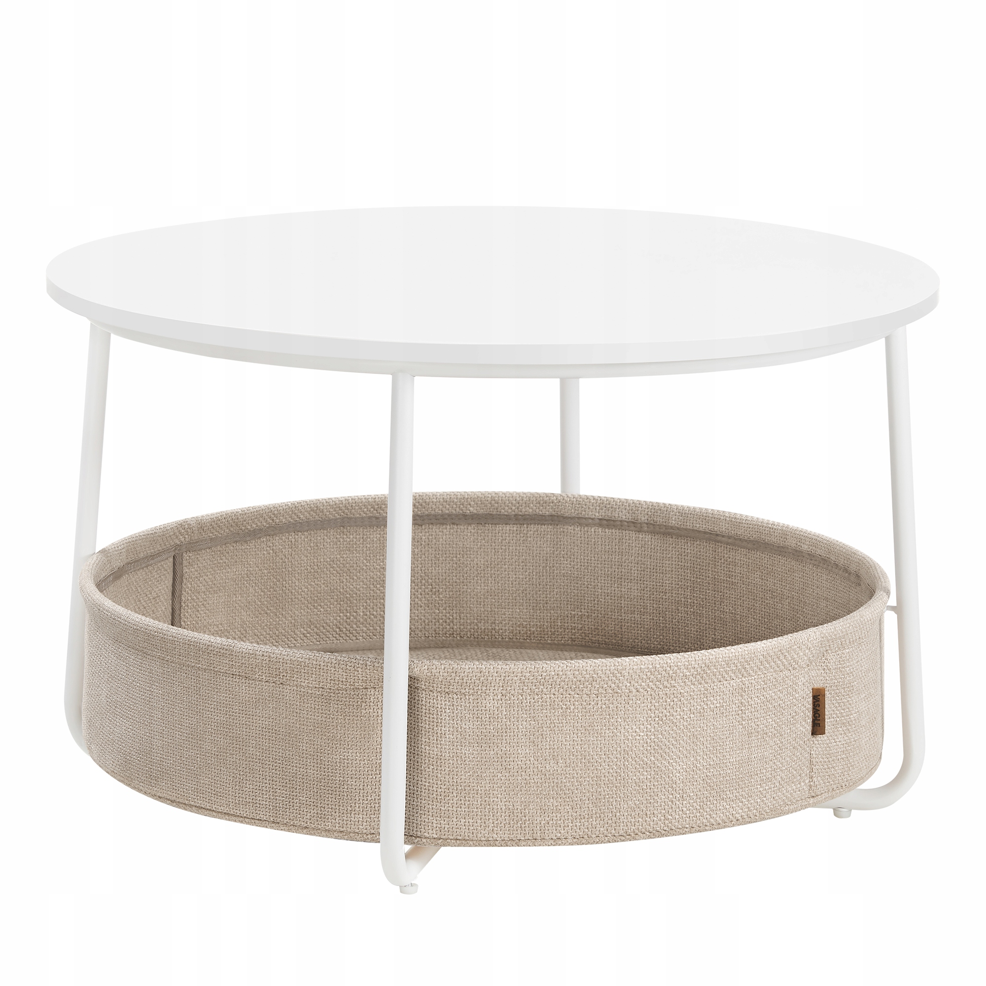 Kávový stolek s úložným prostorem kulatý stolek s látkovým košem, bílá a hnědá barva