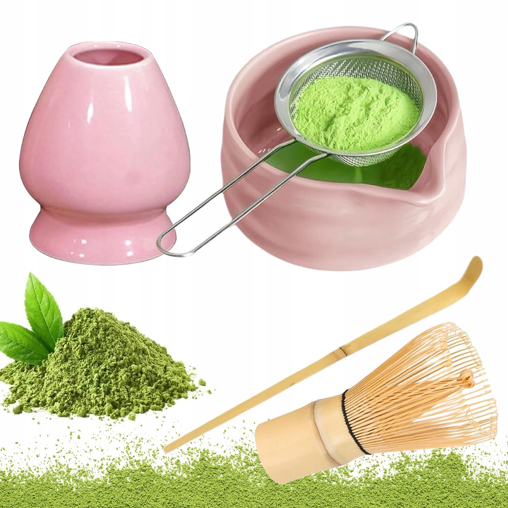 Levně Sada Nástrojů Pro Matchu S Mísou A Šlehací Metlou, Rukojeť, Lžíce, Síto, 5 Ks, Růžová