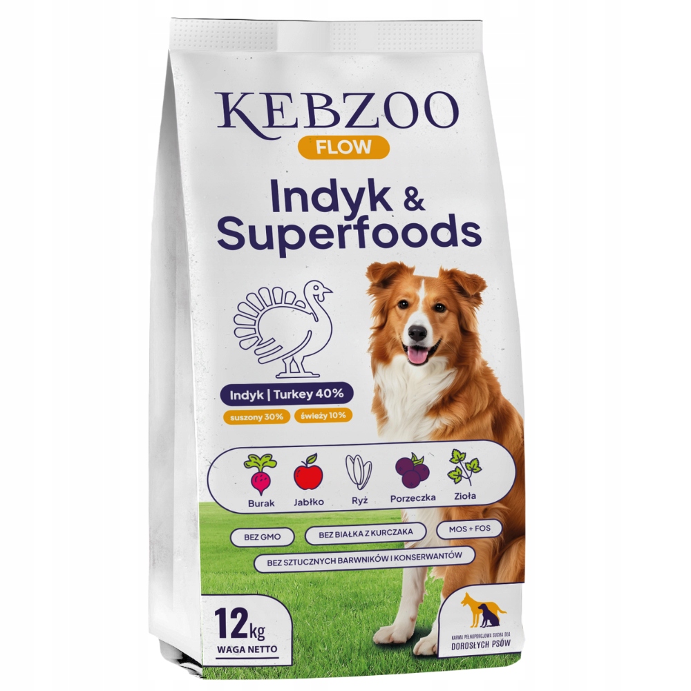 Levně Krmivo pro psy Kebzoo Flow Krůta&Superpotraviny kachní tuk 12 kg