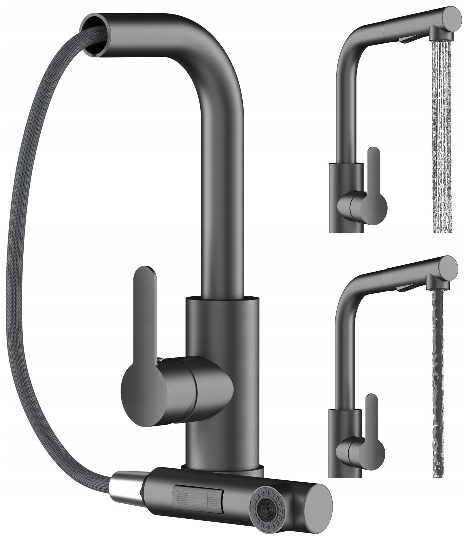 Kuchynská Batéria Gun Grey Metalická S Výsuvnou Výtokou, 2 Prúdy, Pre Drez Ebro