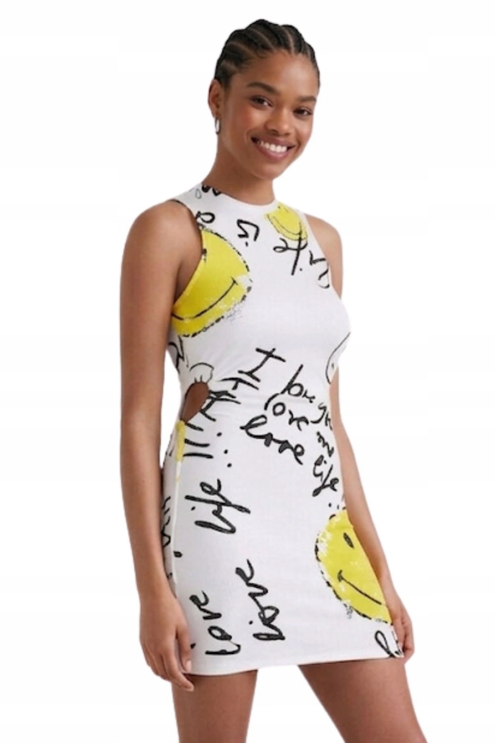 Šaty Desigual Smiley bílé mini přiléhavé s potiskem vel. XL