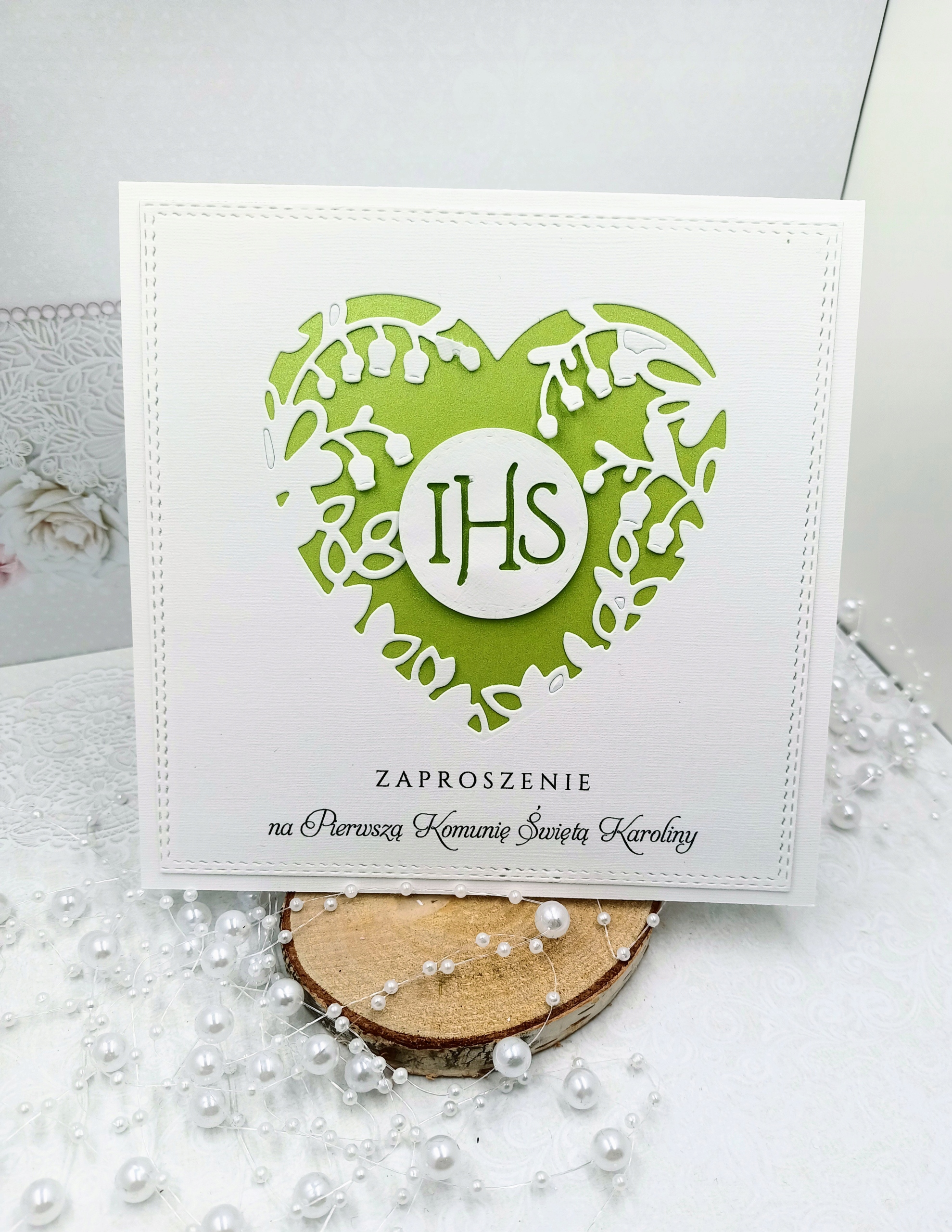 Zaproszenia Pierwszą Komunia AŻUR SERCE konwalie Rodzaj komunia