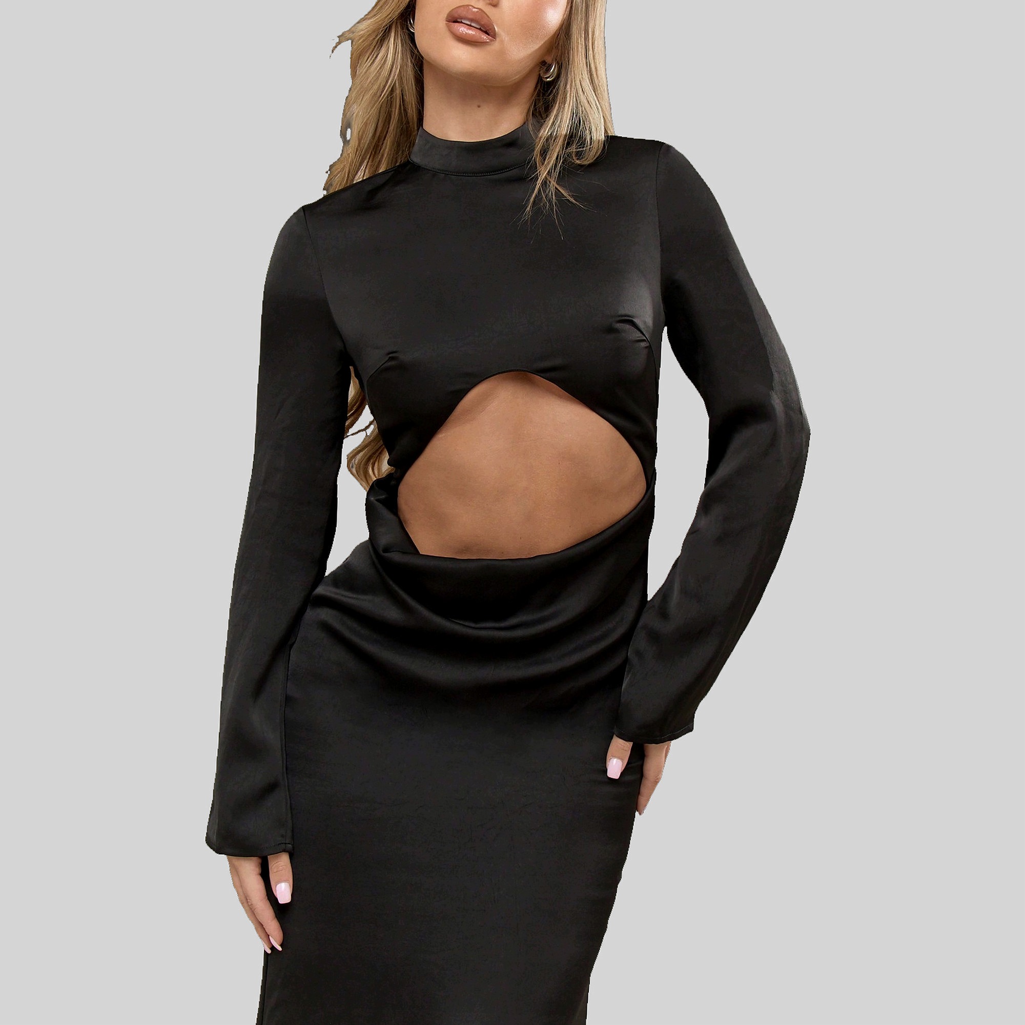 Šaty Večerní Maxi saténová s výřezem v pase černá Missguided M