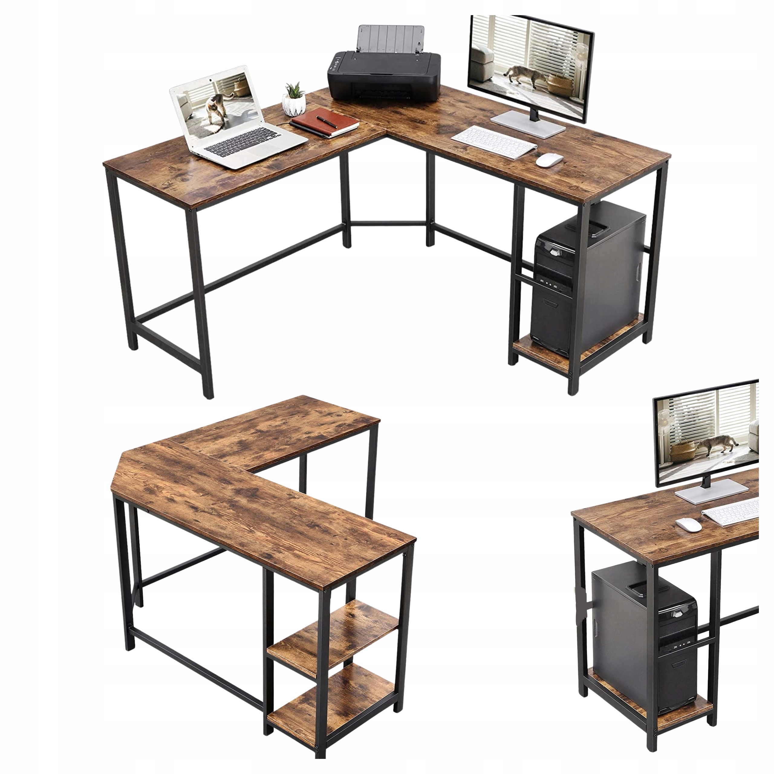 Rohový počítačový stôl, veľký 138x138x75 cm, rustikálny dub a čierny