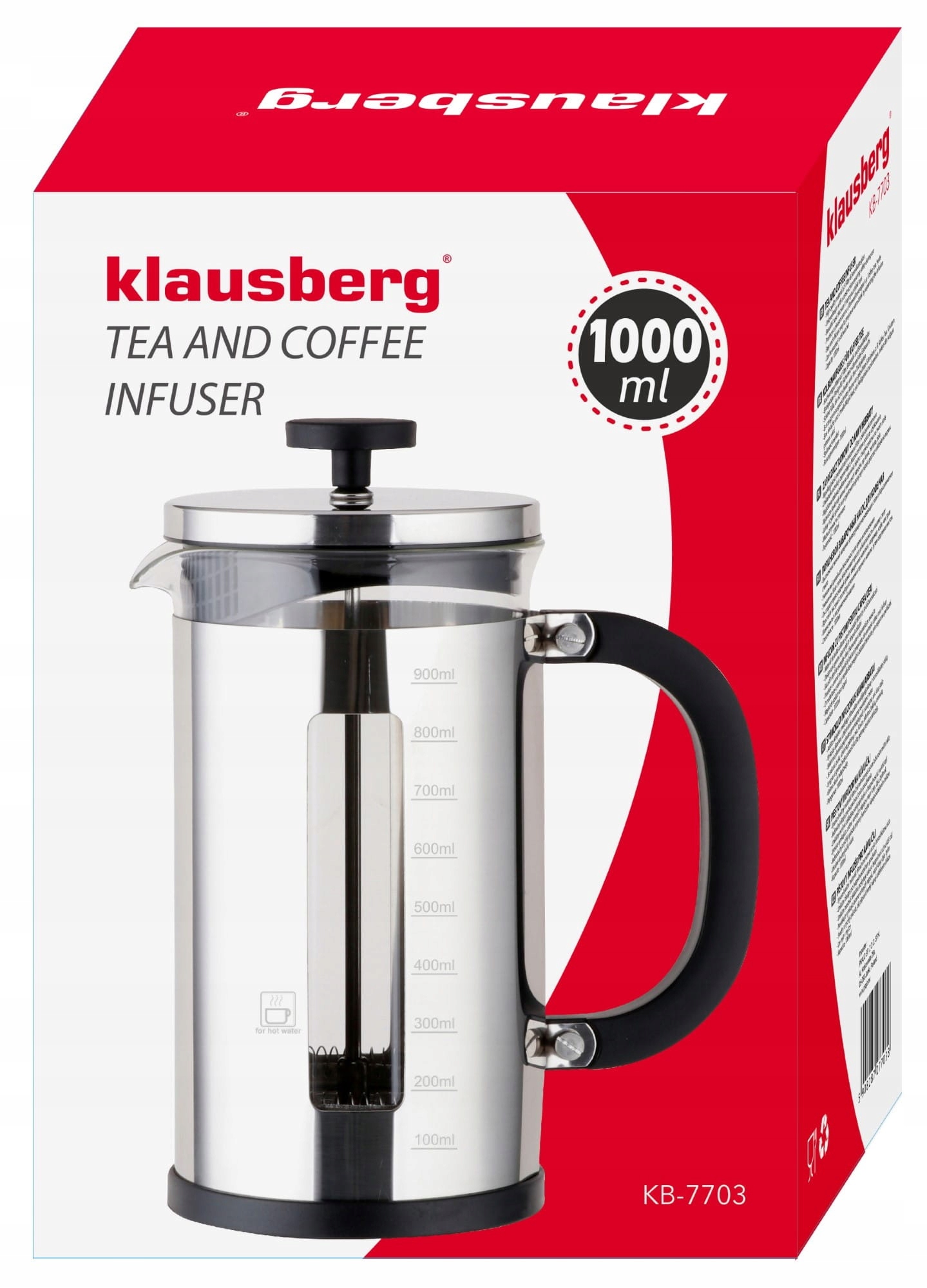 Zaparzacz do kawy i herbaty 1.0L French Press KLAUSBERG KB-7703 Waga produktu z opakowaniem jednostkowym 0.5 kg