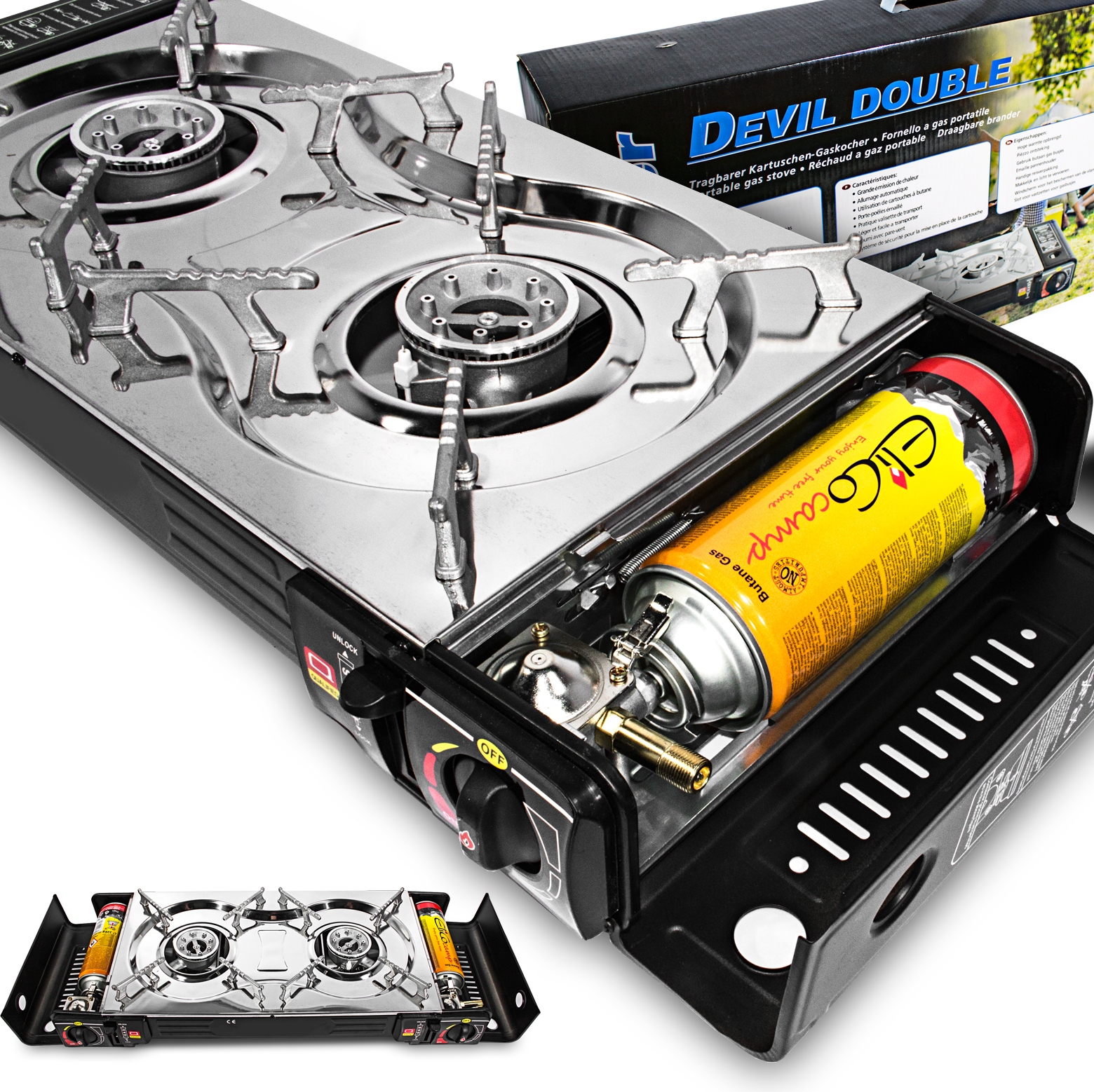 Turistický Dvouplotýnkový Vařič Na Kartuše a Lahve nerezová ocel