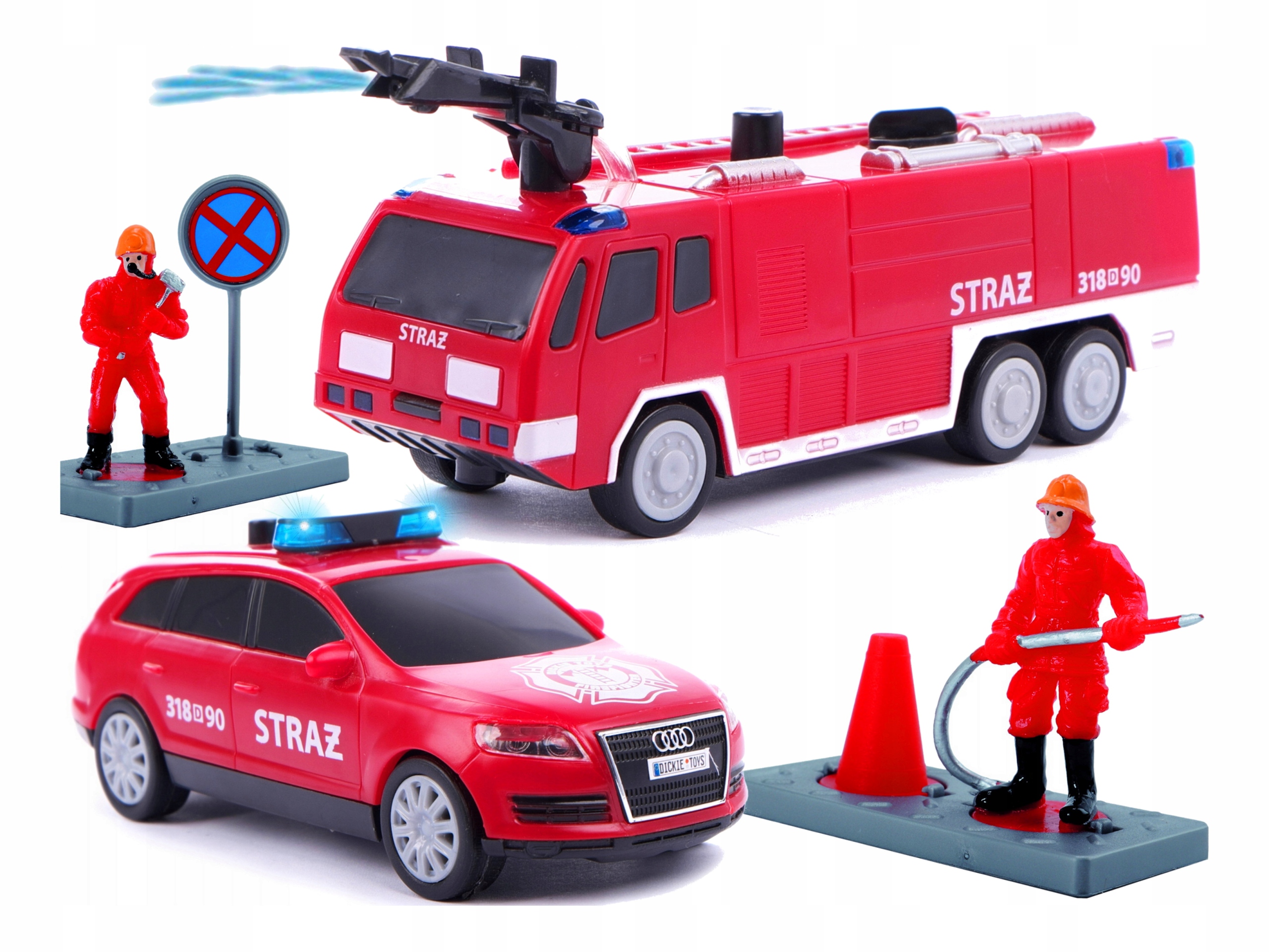 STRAŻ POŻARNA WÓZ + AUTO + FIGURKI strażak DICKIE