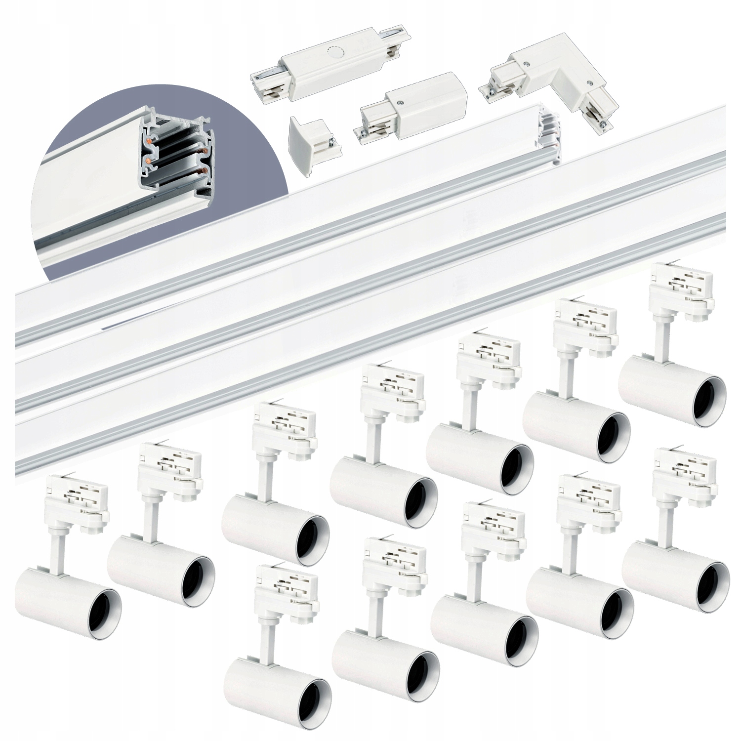 3-fázový koľajnicový set 1m+2m+2m, 12x lampa, spojka I L Biela