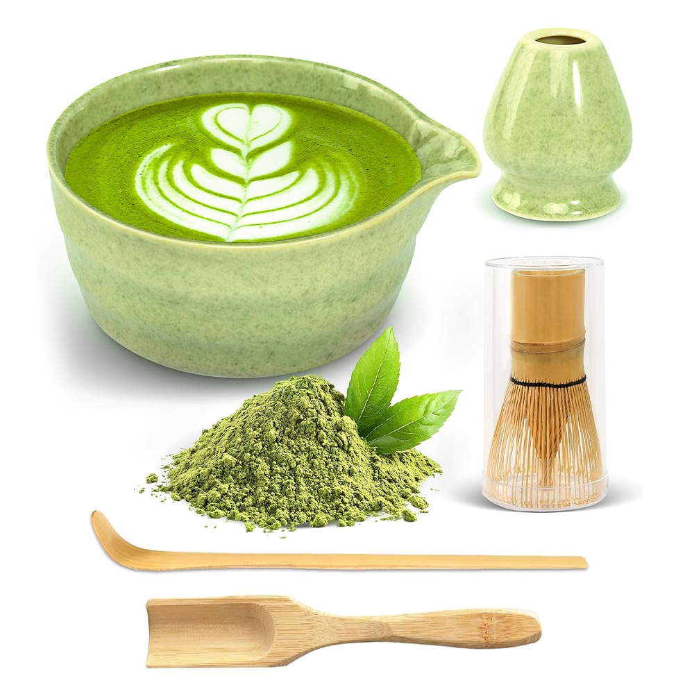 Levně Dárková Sada Matcha – Miska, Chasen, Chashaku, Podložka, Zelená