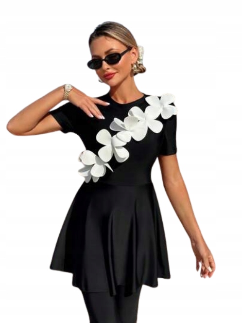 Shein Černé Dvoudílné Plavky Tankini S Bílými Květy 1GA