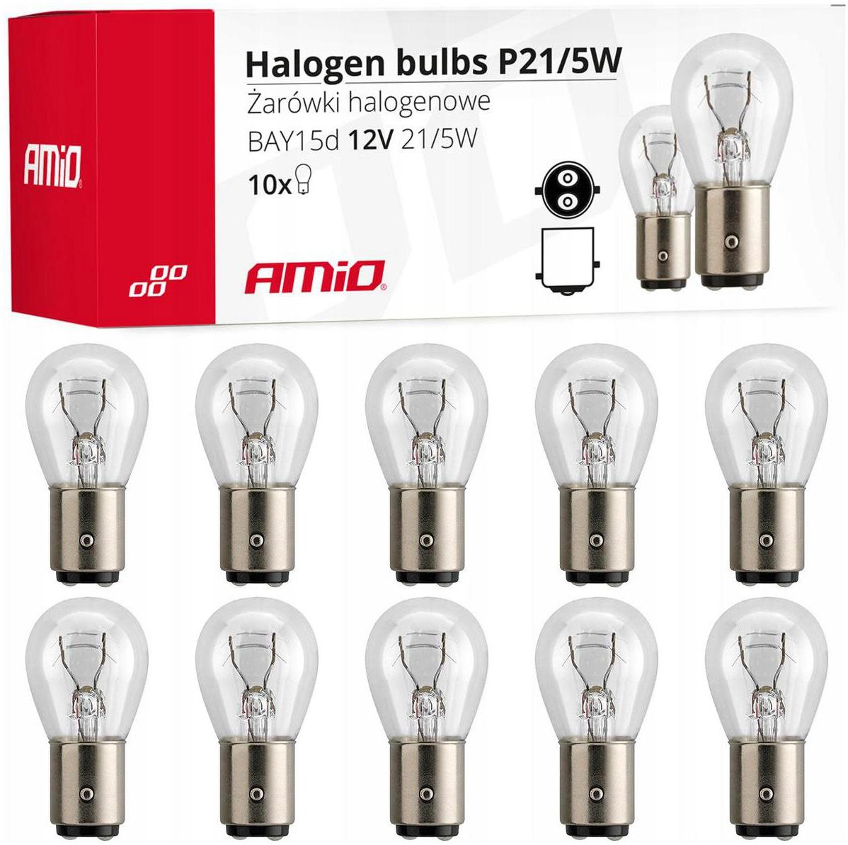 Żarówki P21/5W AMiO 12V 21/5W BAY15d Clear Pozycyjne Dzienne Stopu 10 Sztuk