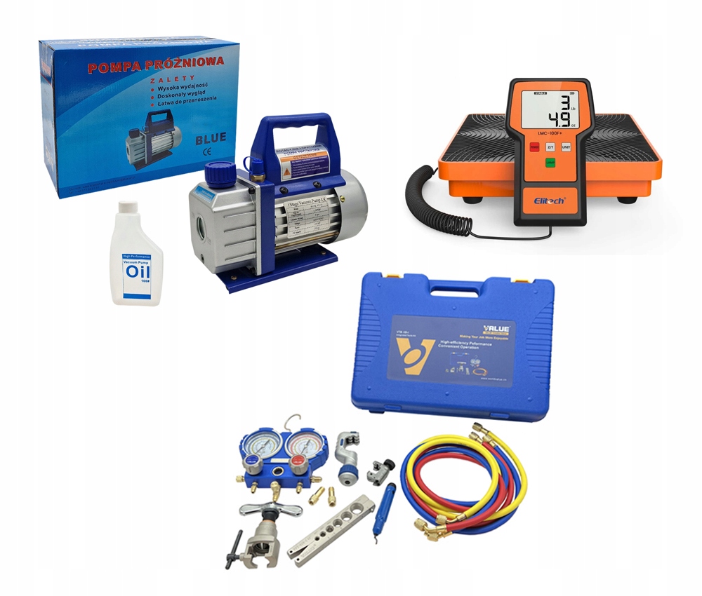 Sada na montáž a servis klimatizácie Čerpadlo Nástroje Manometre Hmotnosť