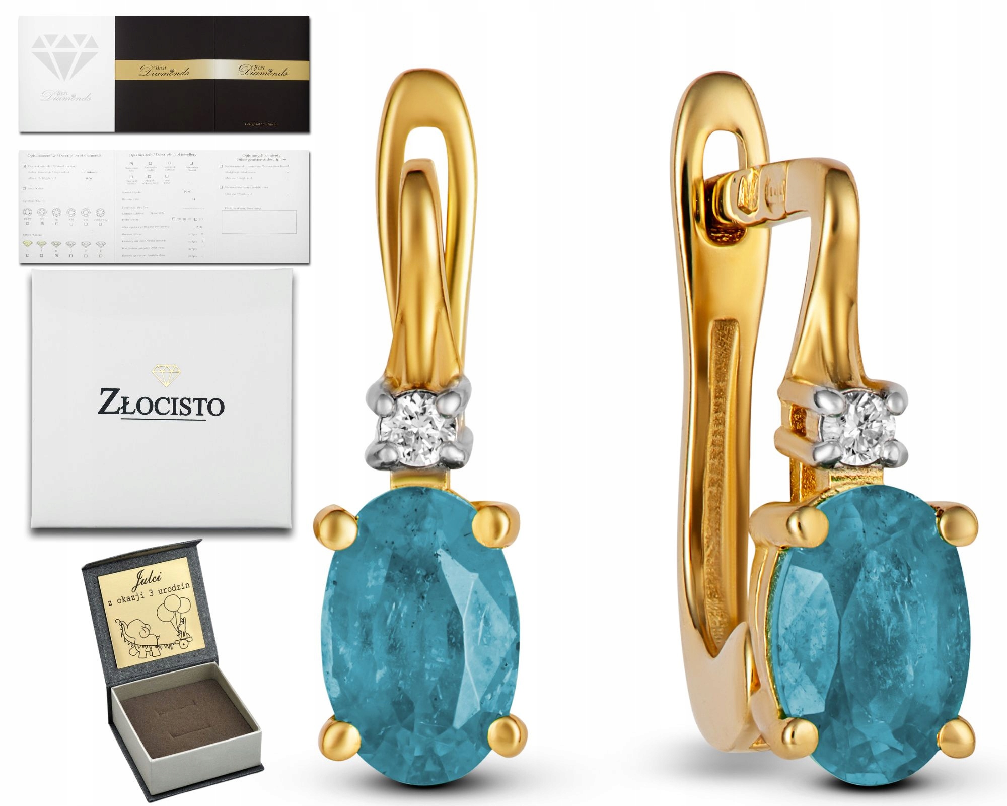 Zlaté Náušnice Brilianty A Topaz Přírodní Kameny Anglické Zapínání