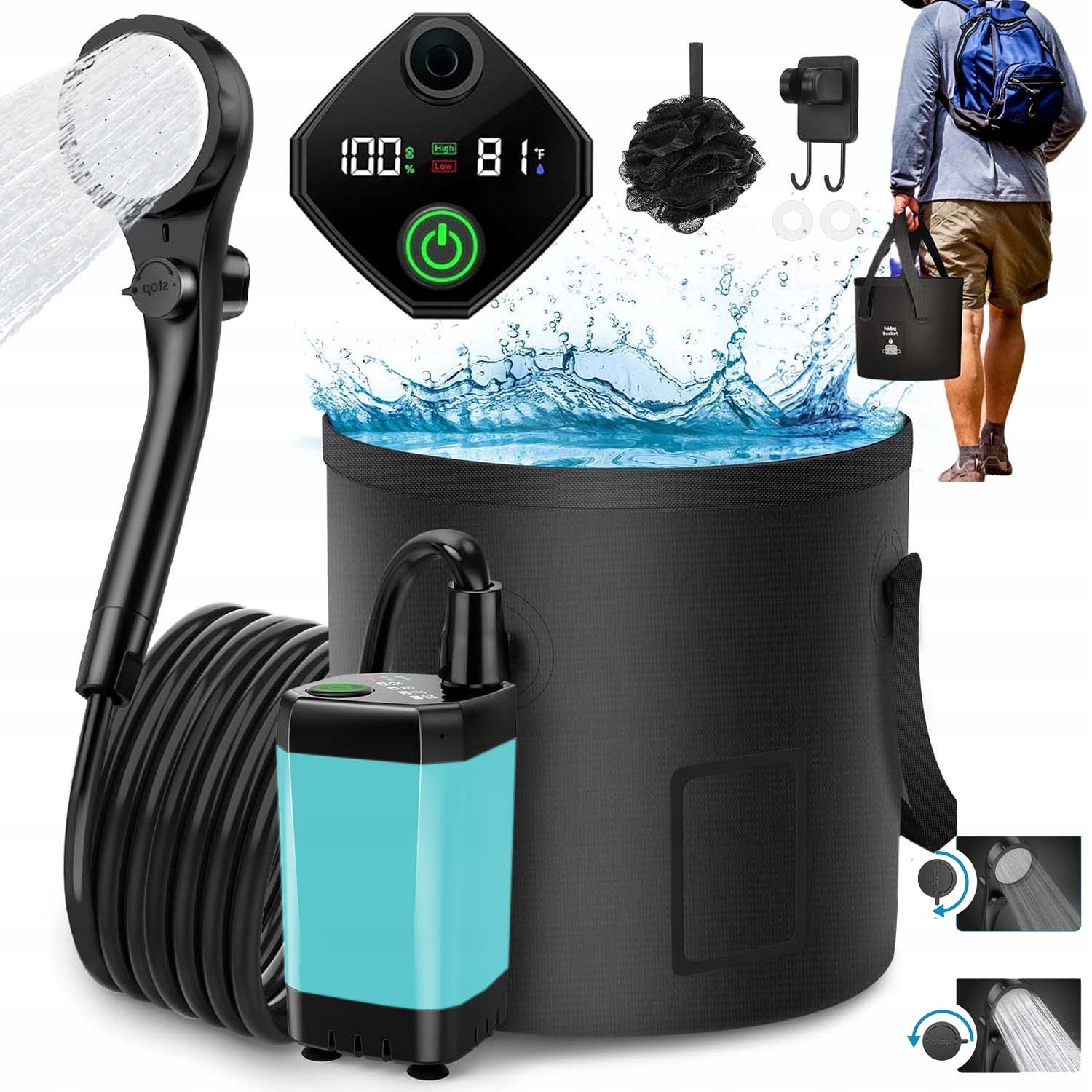 Prysznic Turystyczny Prysznic Kempingowy 6000MAH 2 Tryby Składane Wiadro