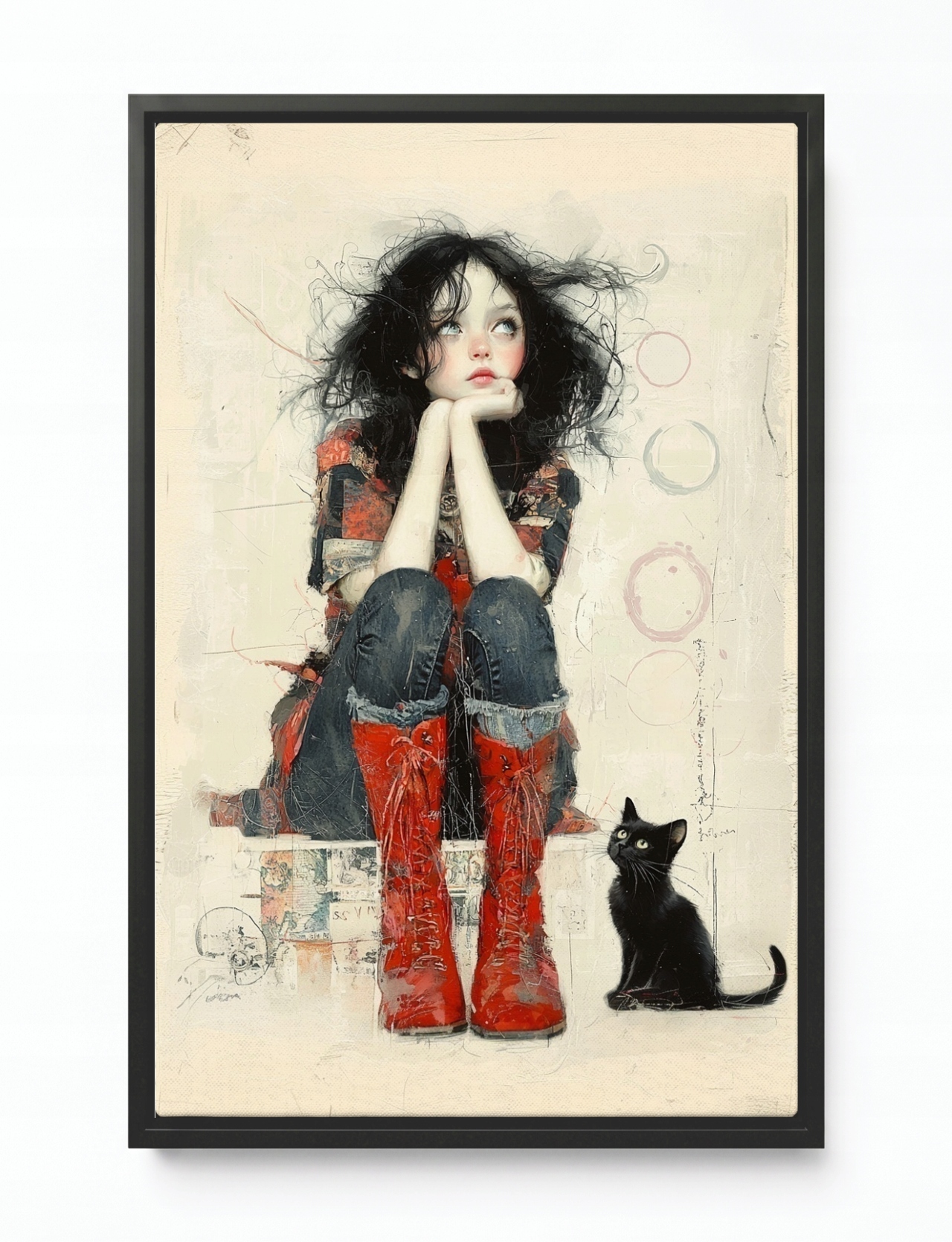 Obraz Rám Americká Krabička Snílka Dívka Černá Kočka Retro 40x60