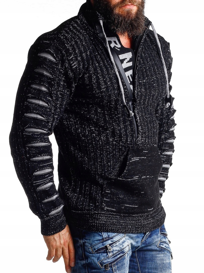 SWETER MĘSKI GRUBY GOLF ROZPINANY STÓJKA CZARNY - XXL Rozmiar XXL