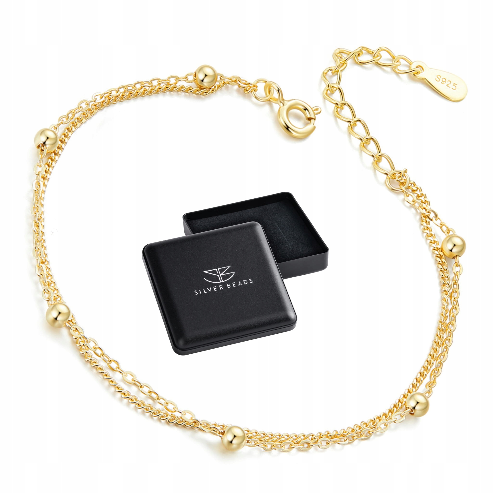 S225 Srebrna pozłacana bransoletka podwójna ozdobiona kuleczkami srebro 925