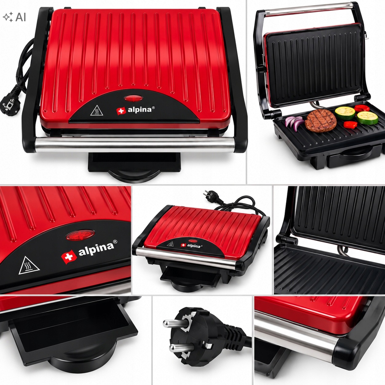 Grill Elektryczny Kontaktowy Alpina Do Panini, Tostów I Mięsa – Czerwony