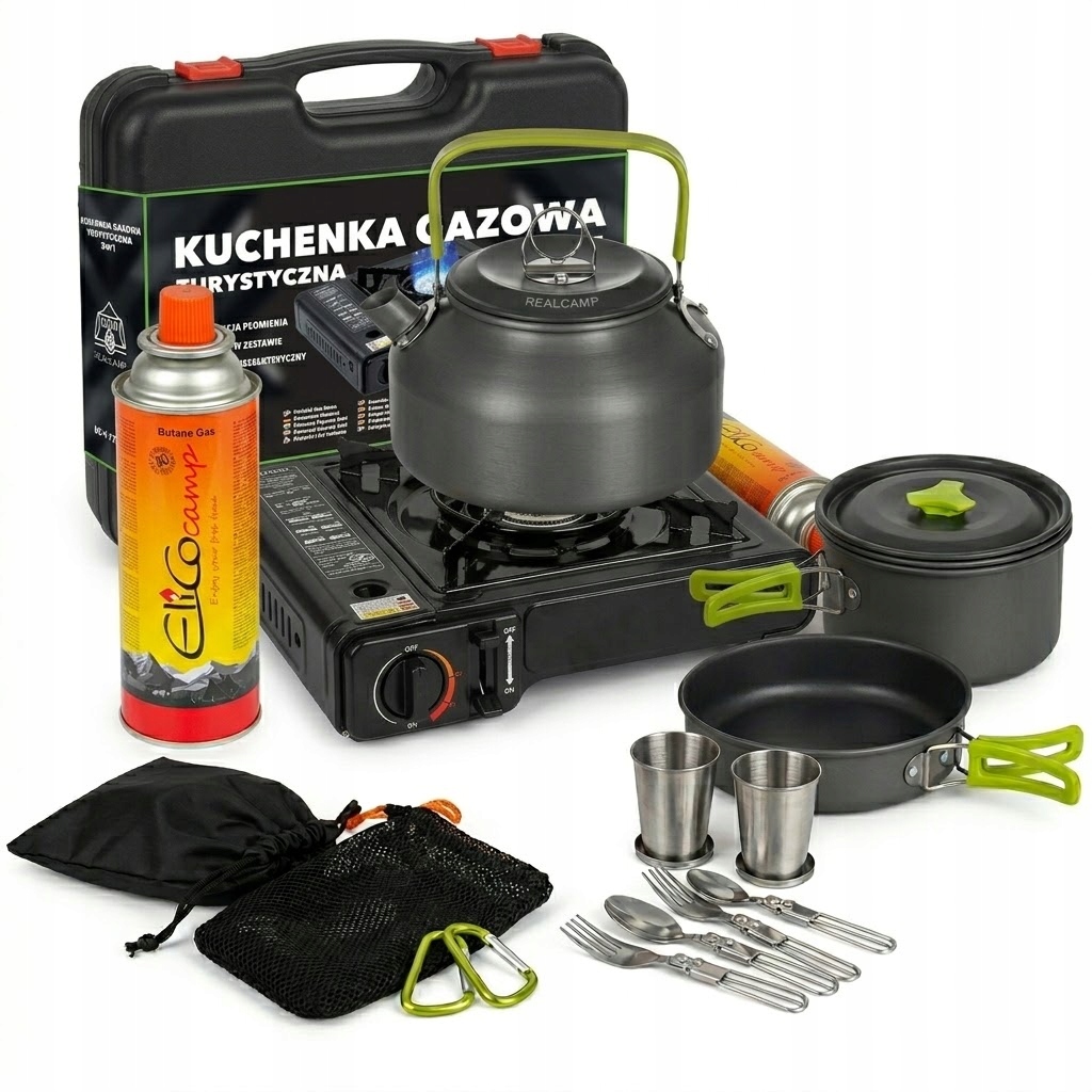Zestaw Turystyczny Kuchenka Gazowa polowaNaczynia Czajnik Kartusz Camping