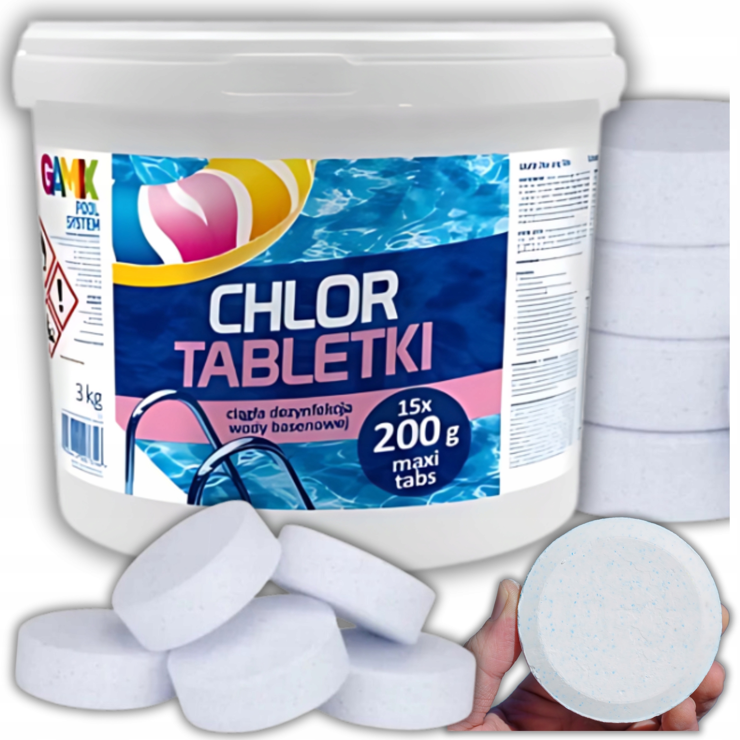 Chlor Tabletki 3KG Chlorowe Duże 15SZT 200G Chemia Basenowa Gamix Do Basenu