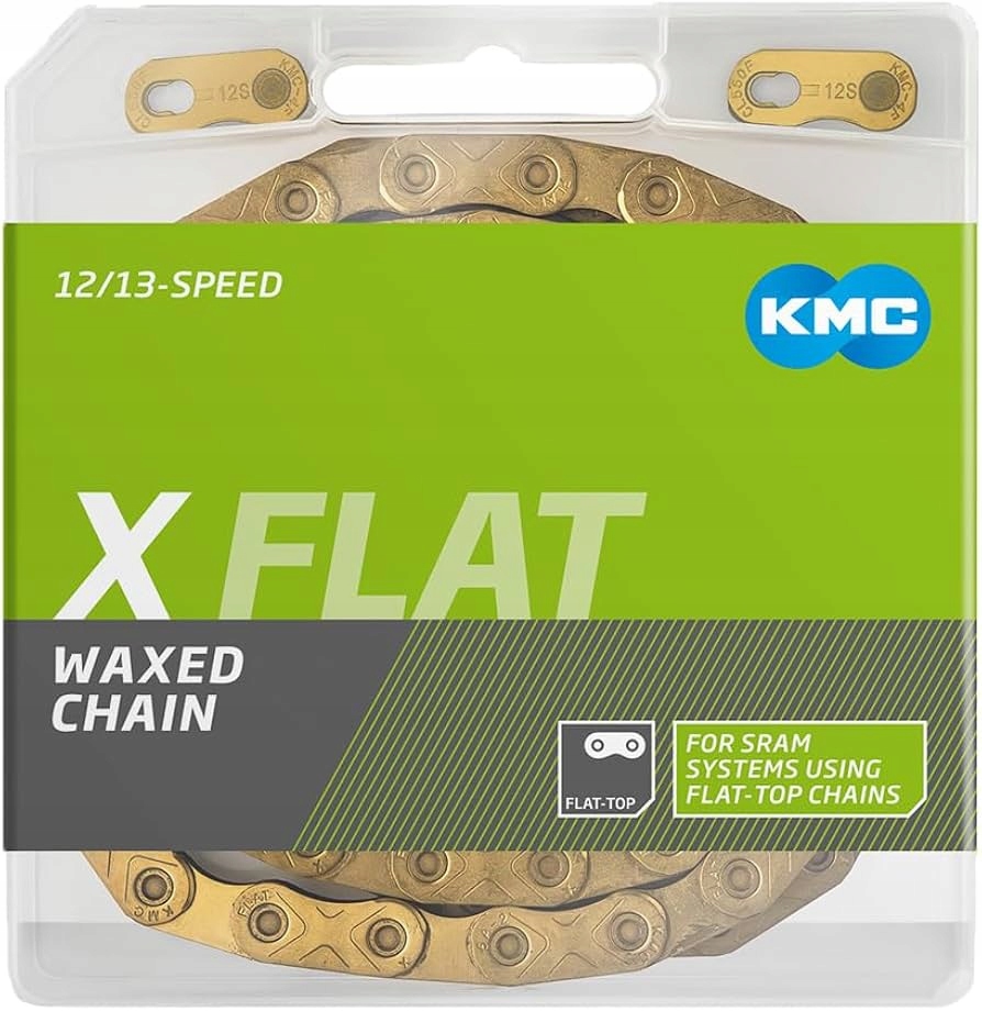 Łańcuch rowerowy Kmc X Flat Gold 12rz. 126ogniw spinka Box Waxed Chain