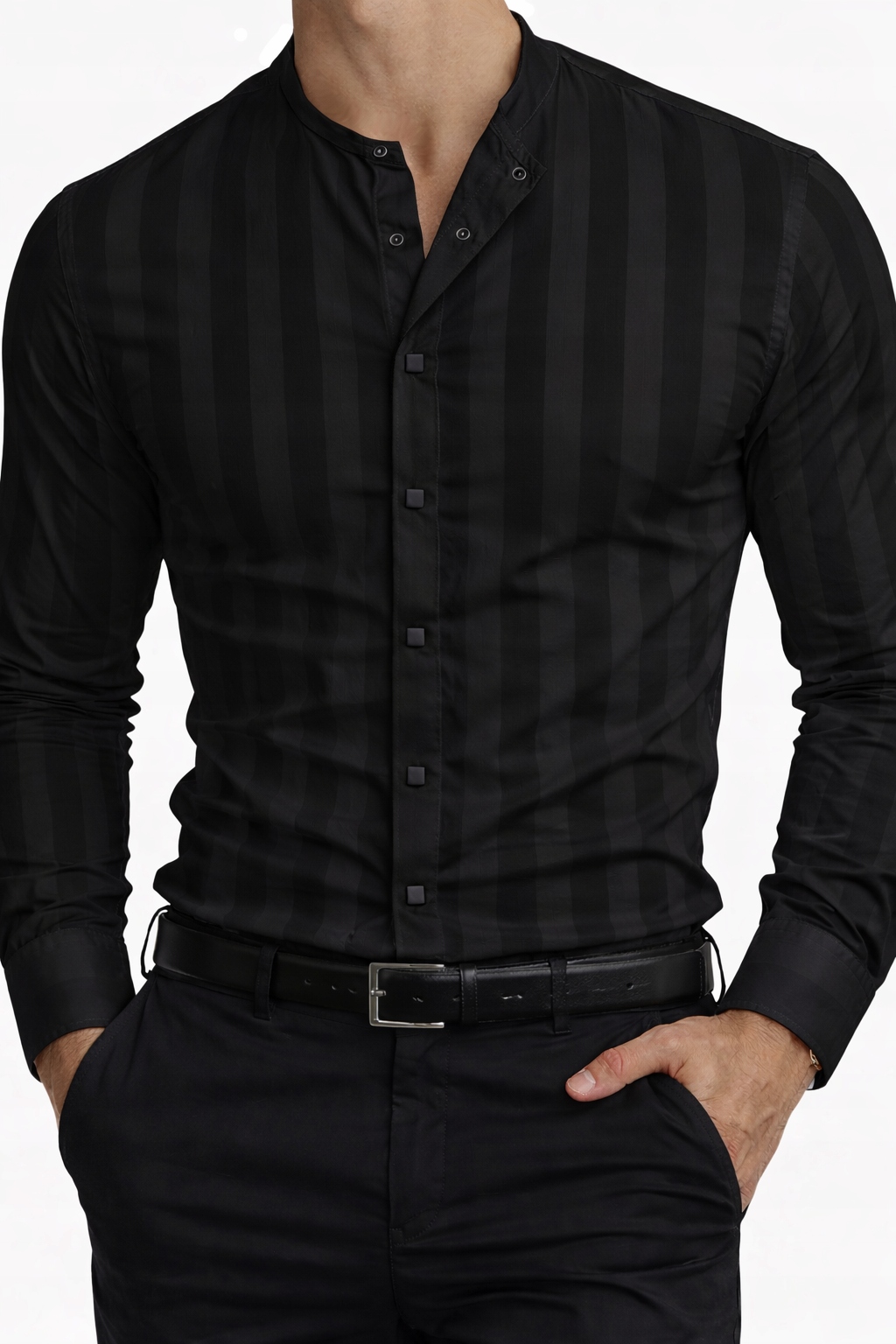 Pánská košile bez límce s dlouhým rukávem a proužky Regular