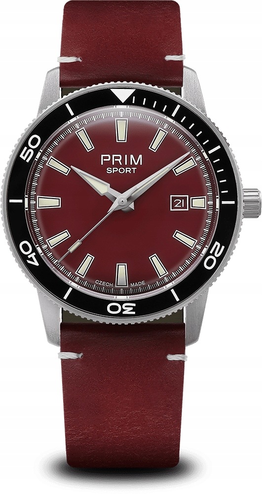 Zegarek męski Prim Sport 68 Automatic biały tarcza pasek bordowy stal WR200