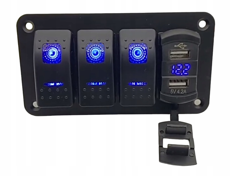 PANEL ROZDZIELNIA 3x WŁĄCZNIKI 2x USB WOLTOMIERZ OKABLOWANIE ALUMINIOWY