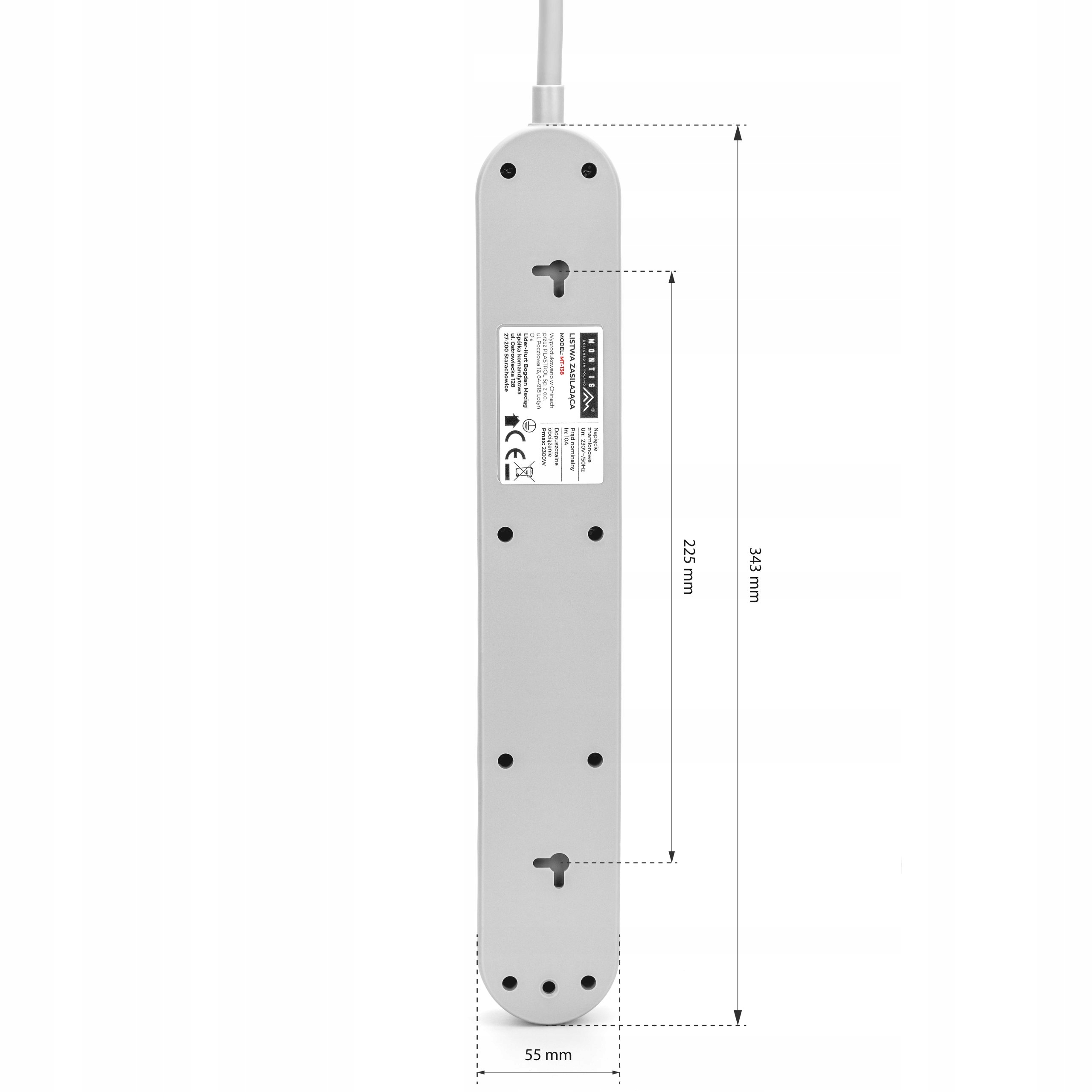 LISTWA ZASILAJĄCA PRZEPIĘCIOWA PRZECIWPRZEPIĘCIOWA 5 GNIAZD 3m SZARA Długość przewodu 3 m