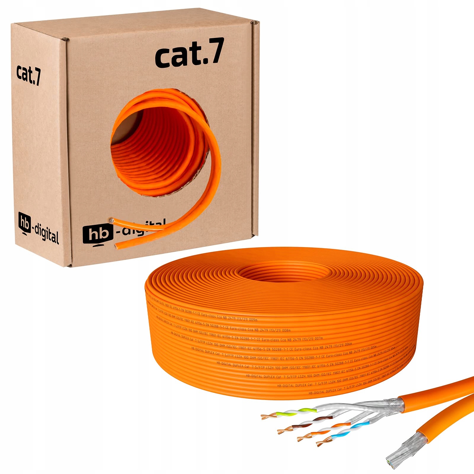 Kabel Sieciowy Lan Ethernet Hb-digital 50M Cat. 7 S/ftp AWG23 Pomarańczowy