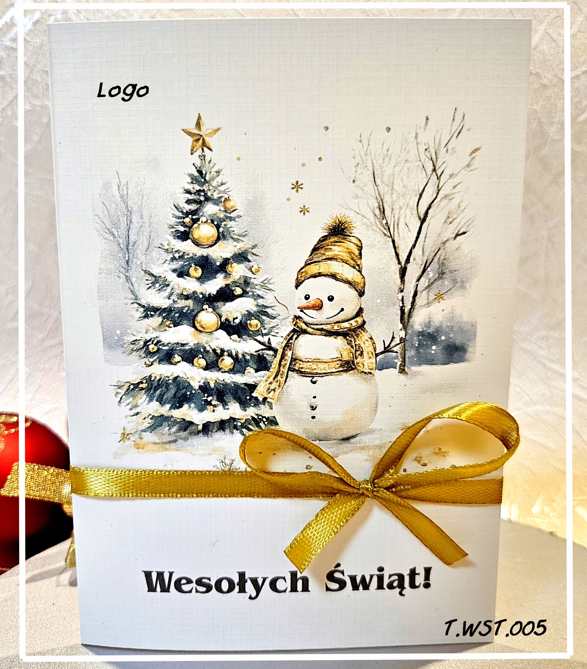 NOWOŚĆ FIRMOWE BIZNESOWE KARTKI ŚWIĄTECZNE Boże Narodzenie z LOGO WSTĄŻKA Materiał papier