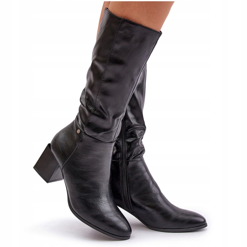 Eko Kožené Kozačky Do Poloviny Lýtka Podpatek Sloupek Na Zip Jezzi Černé 38