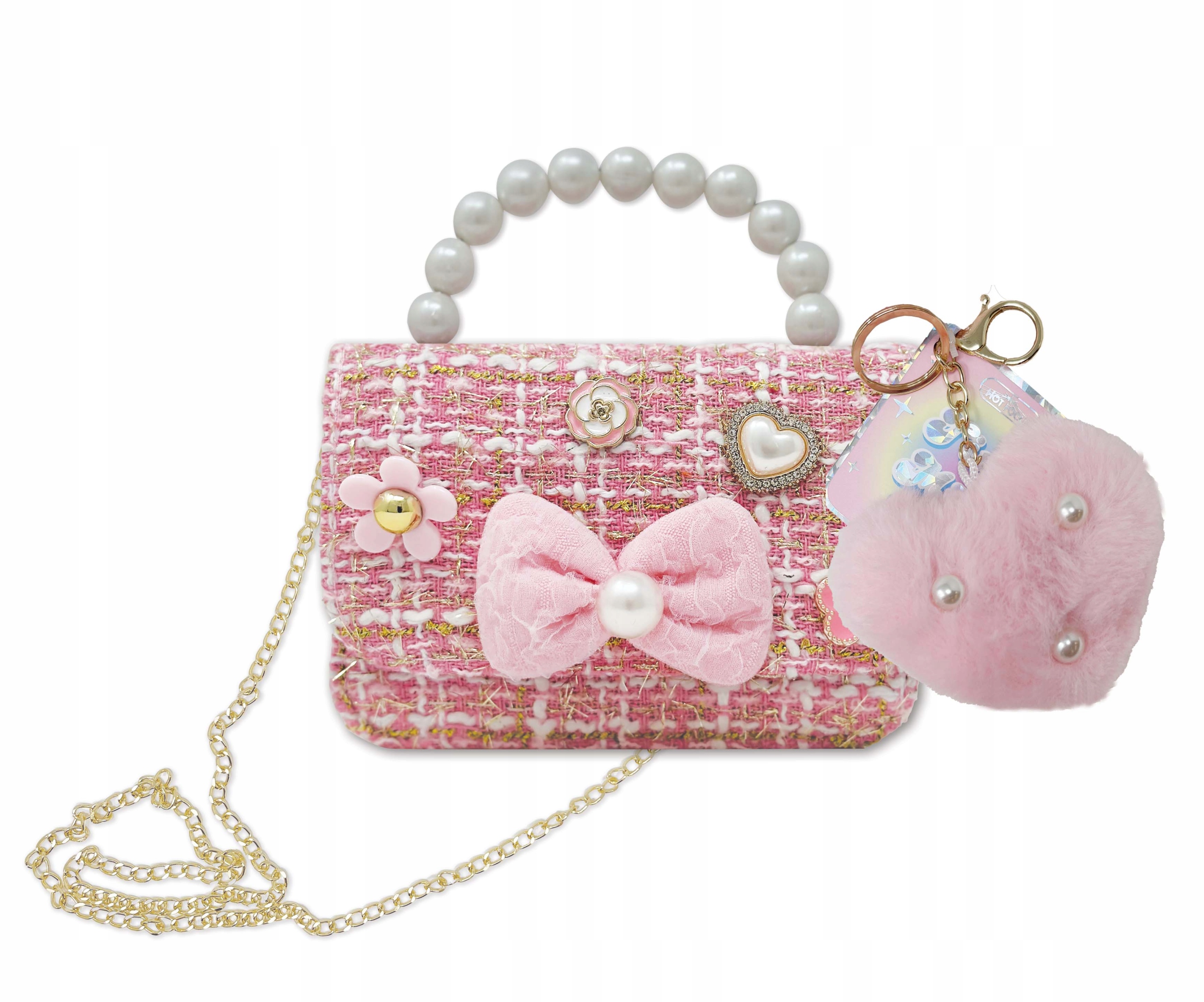 Torebeczka Różowa Tweedowa Perłowa Rączka Łańcuszek Brelok 5+