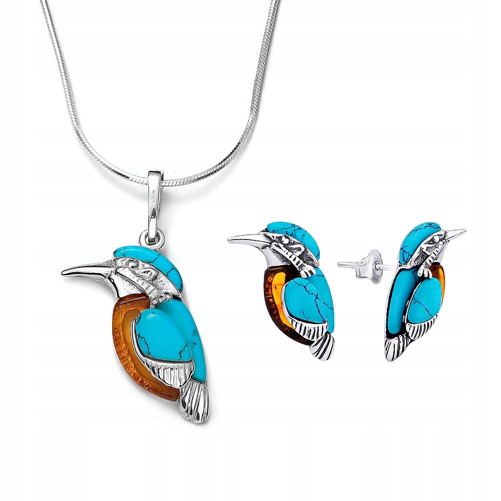 Stříbrný Komplet Šperků Pták Zimorodek Přívěsek+náušnice Tyrkys A Jantar