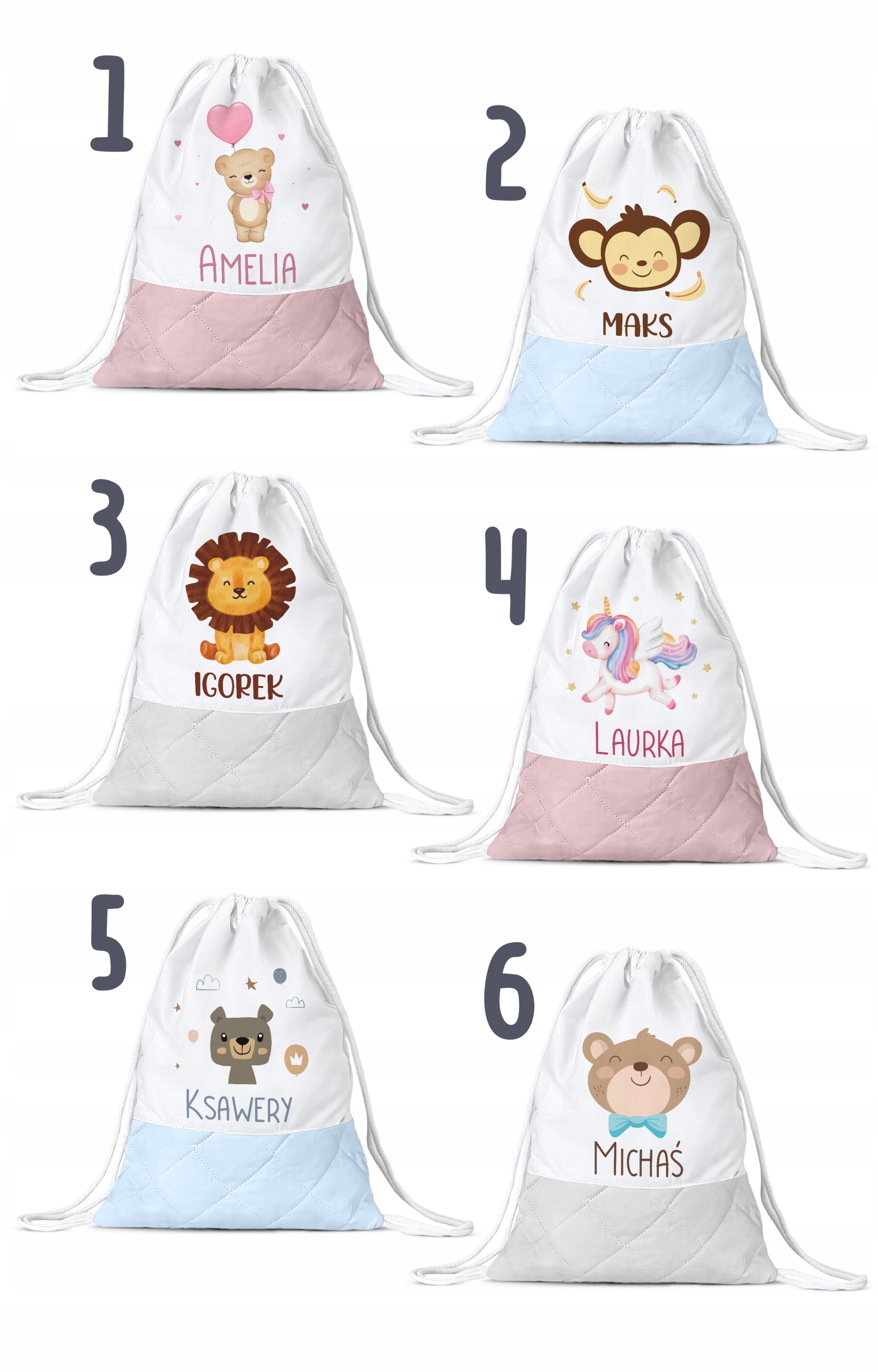WOREK PLECAK DLA DZIECI WORECZEK Z IMIENIEM DO PRZEDSZKOLA ŻŁOBKA Z PĘTELKĄ Płeć chłopcy dziewczynki
