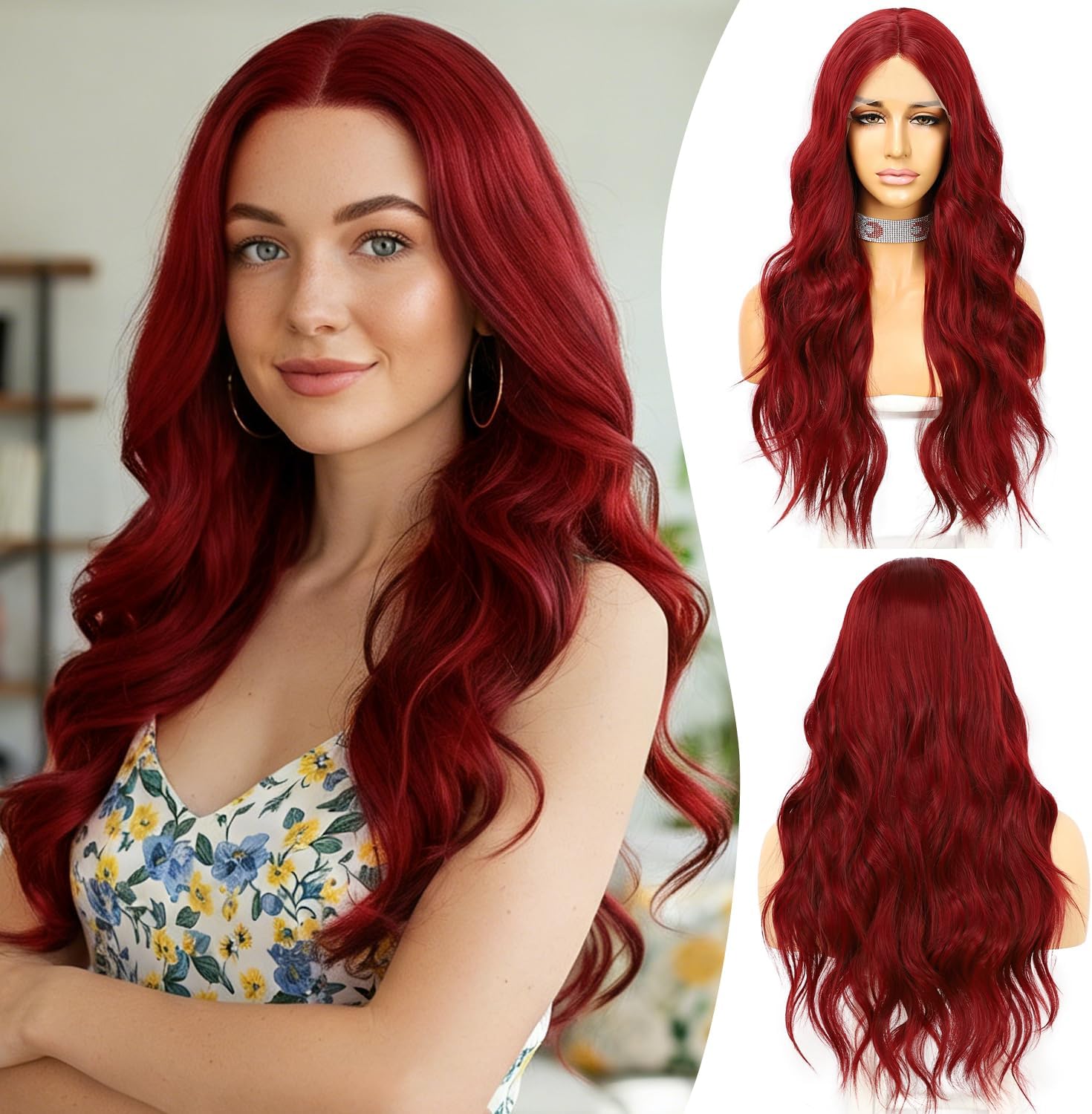 Sapphirewigs Dámská paruka dlouhá, cca 65 cm vlny, červená, syntetická