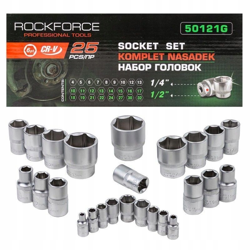 Zestaw Nasadek Nasadki Rockforce 1/4 1/2 25EL. 4-32MM R-50121G