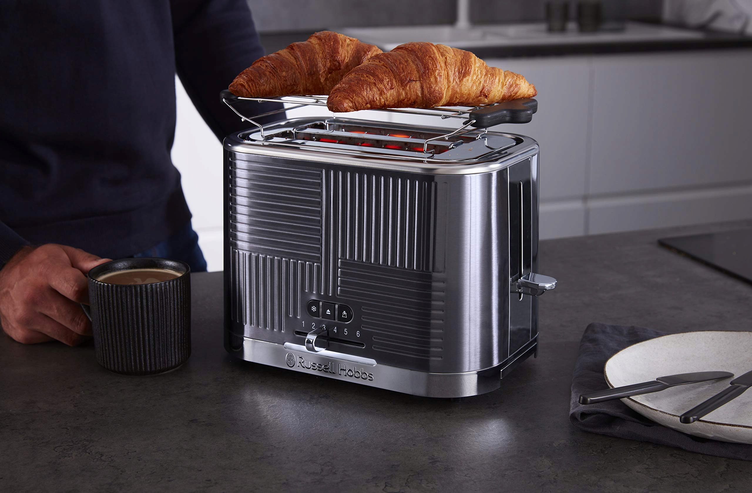 RUSSELL HOBBS Toster 2 Kromki Stalowy Szerokie Szczeliny 6 Stopni 1640W — miniatura 8