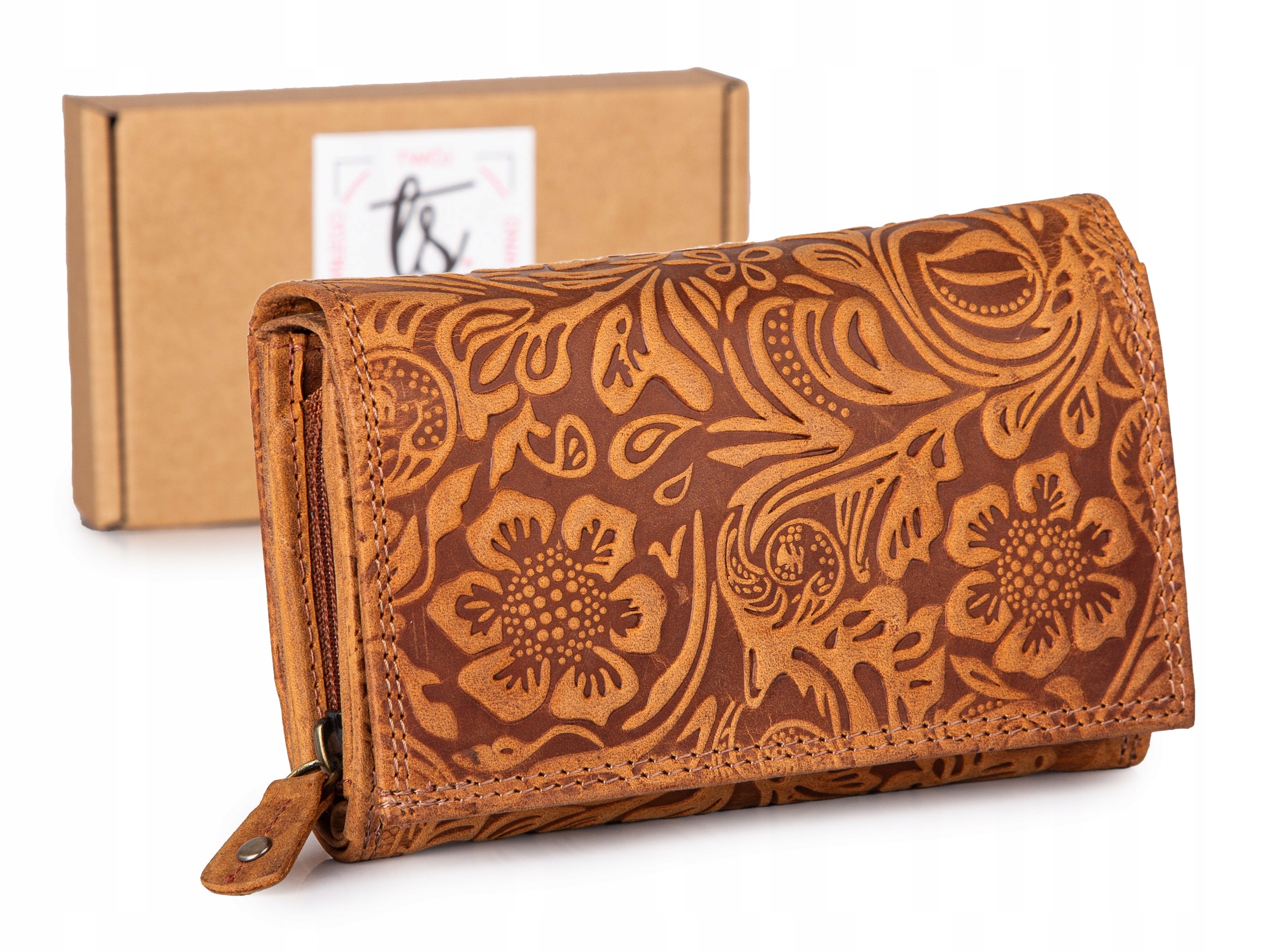 Duży skórzany portfel damski z wzorem w kwiaty szyty ręcznie Rfid brązowy