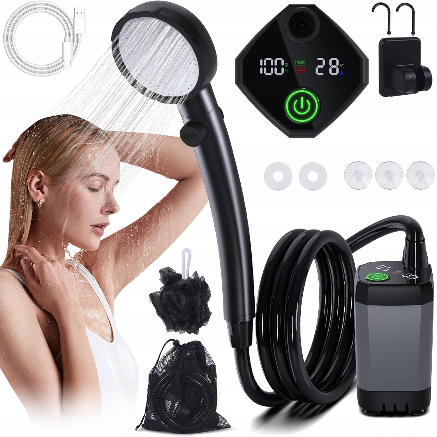 Przenośny Prysznic Turystyczny Usb Pompka Do Kąpania Mycia Biwakowy 6000mAh