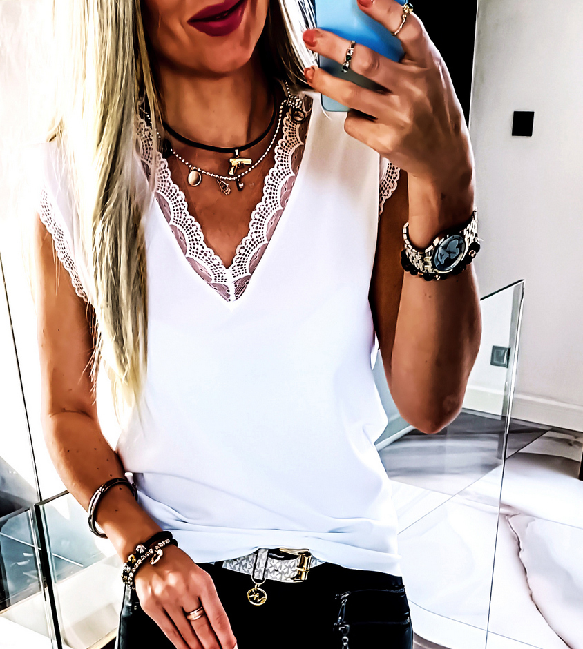 BIAŁA BLUZKA ELEGANCKA POD ŻAKIET KORONKA TOP KORONKOWY 44 Płeć kobieta