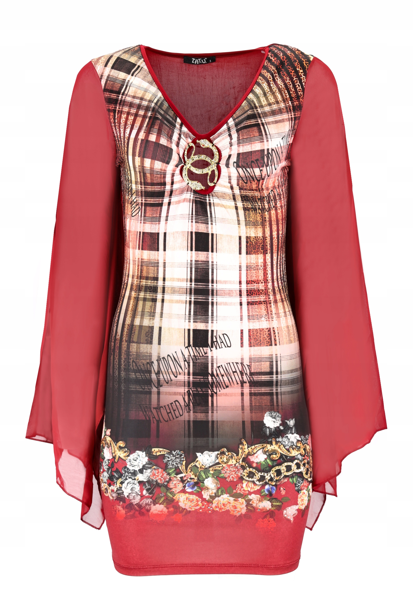 Šaty Elegantní přiléhavé šaty s dlouhým rukávem, výstřihem do V a vzorem