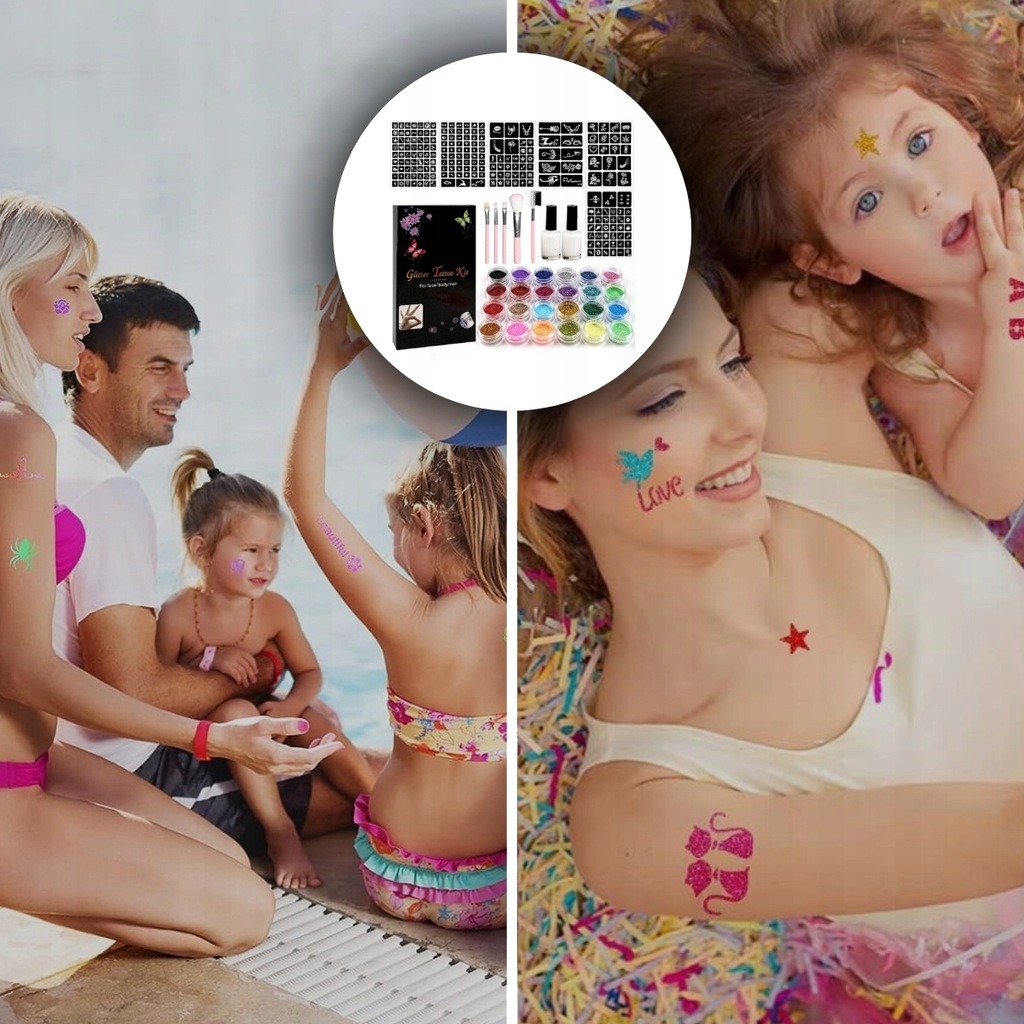 VEĽKÝ SET NA VÝROBU TRBLIETAVÝCH TETOVANÍ DIY PRE DETI, ŠABLÓNY + LEPIDLO Materiál korok