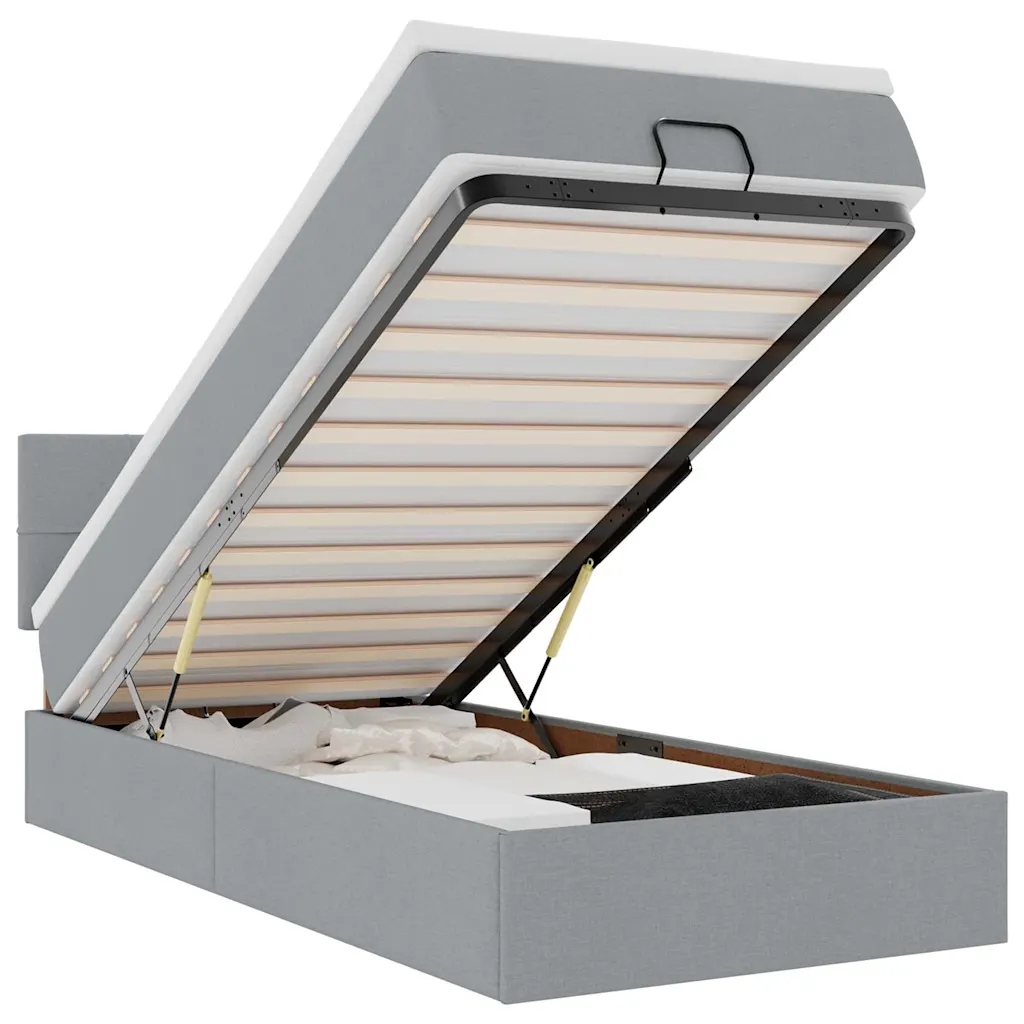 Postel s otomanem světle šedá 203 x 100 x 88 cm s Led a matrací 100 x 200 x