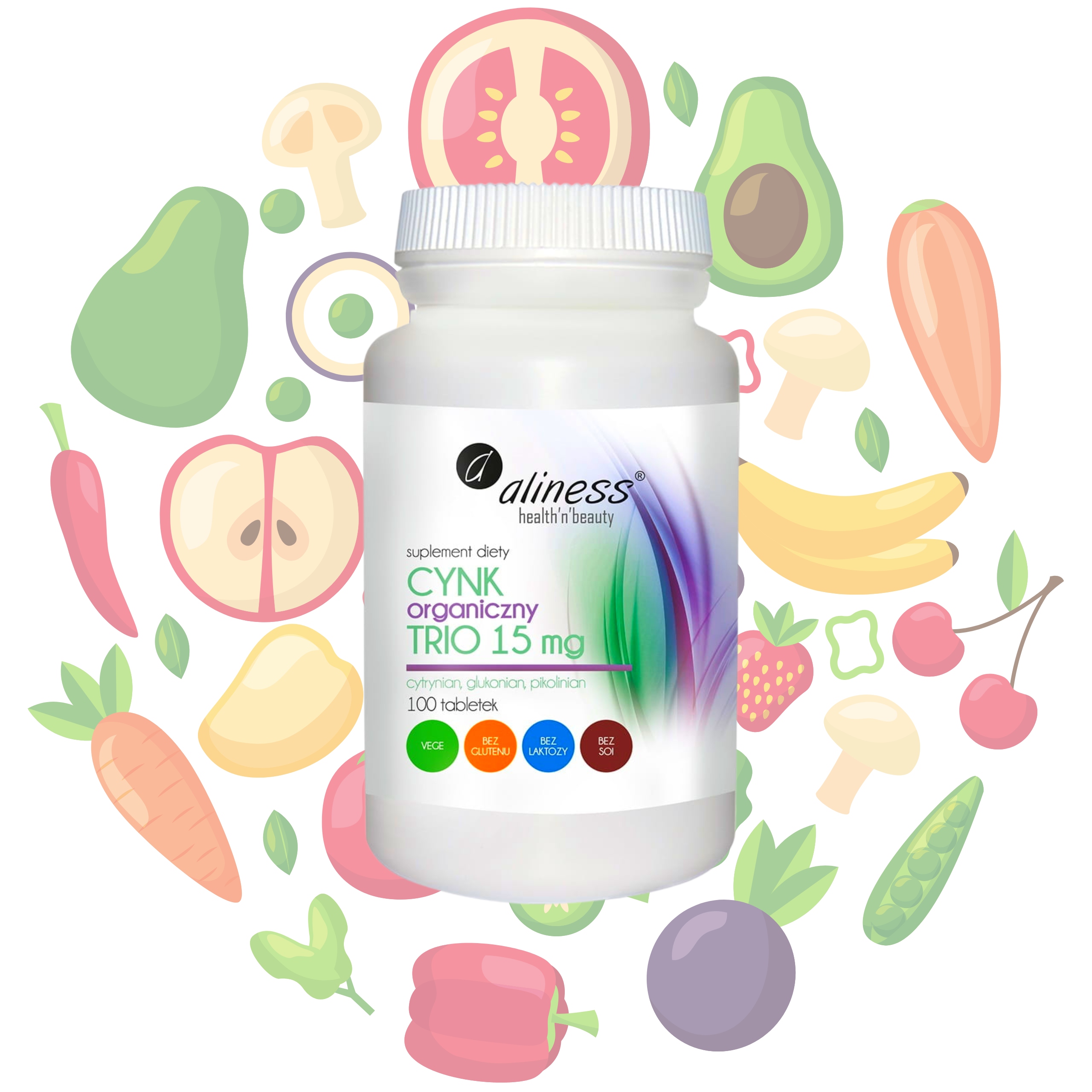 Cynk Organiczny ODPORNOŚĆ ZDROWIE 15 mg WŁOSY PAZNOKCIE 100 tabs Aliness — 11