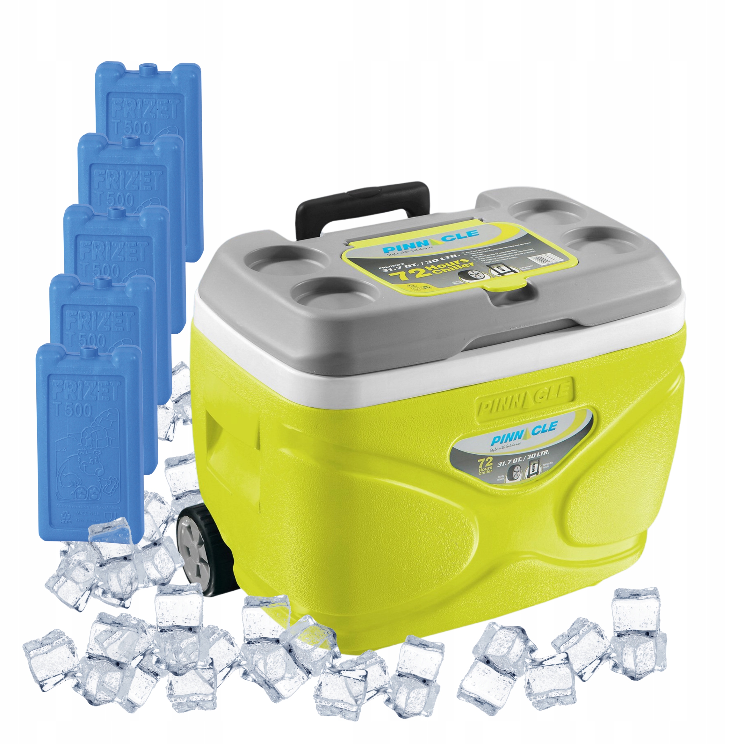 Turistická lednička na kolečkách limetková Pinnacle 30 l 5 náplní 500 ml