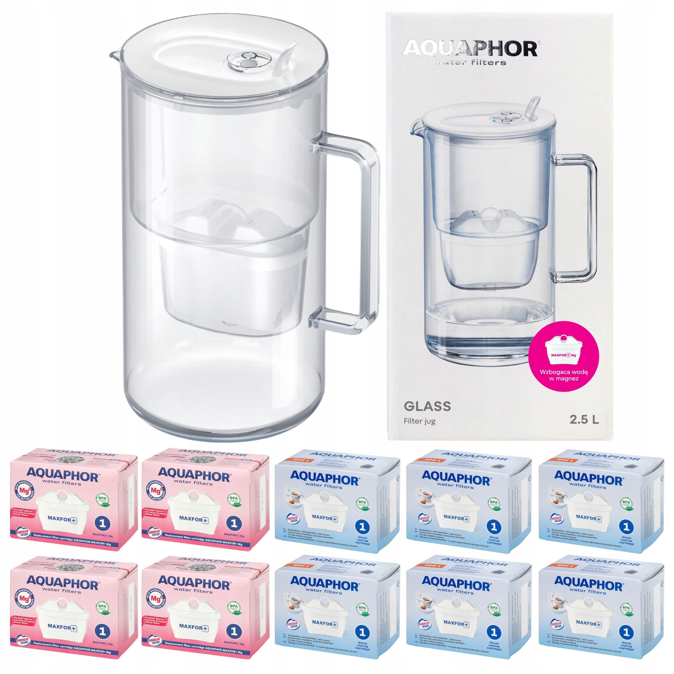 Džbán Aquaphor Glass biely 2,5L sklenený na vodu 10 filtrov Maxfor (4Mg+6)