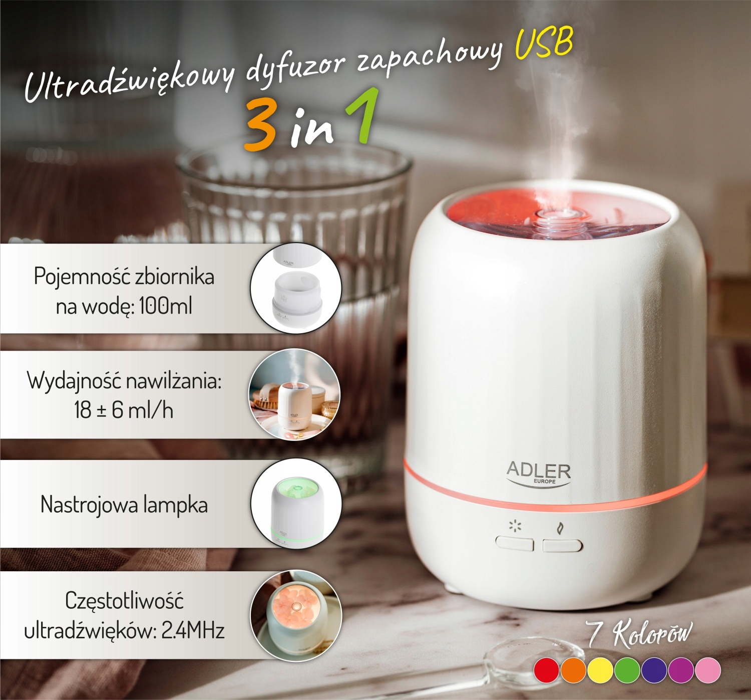 Ultradźwiękowy Dyfuzor Zapachowy USB 3w1 Adler AD 7968