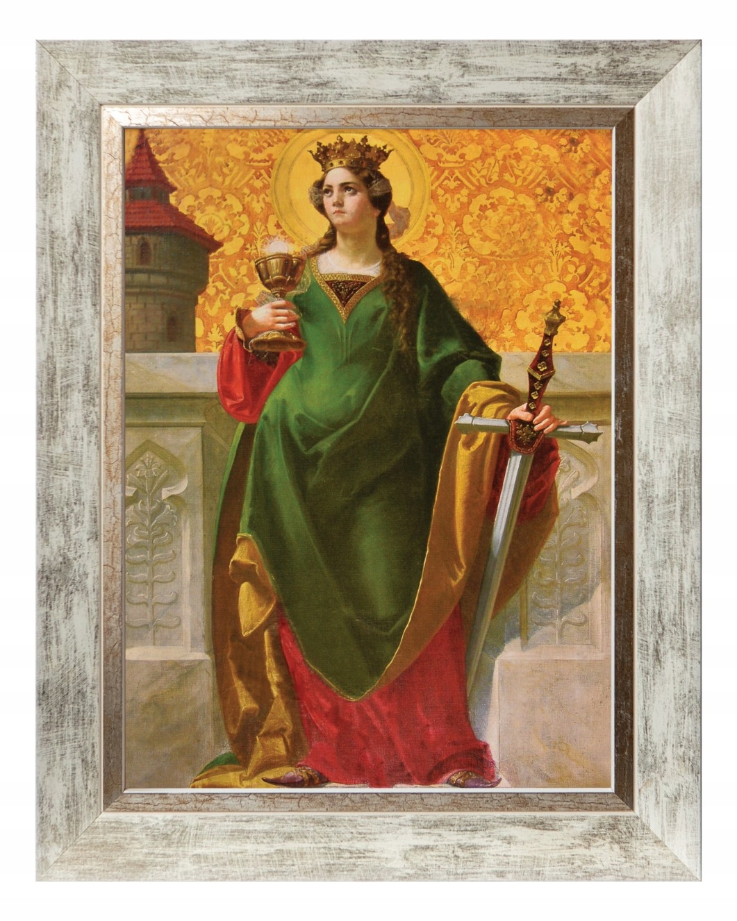 Svatá Barbara Sakrální Obraz V Bílém Ozdobném Rámu 30X40