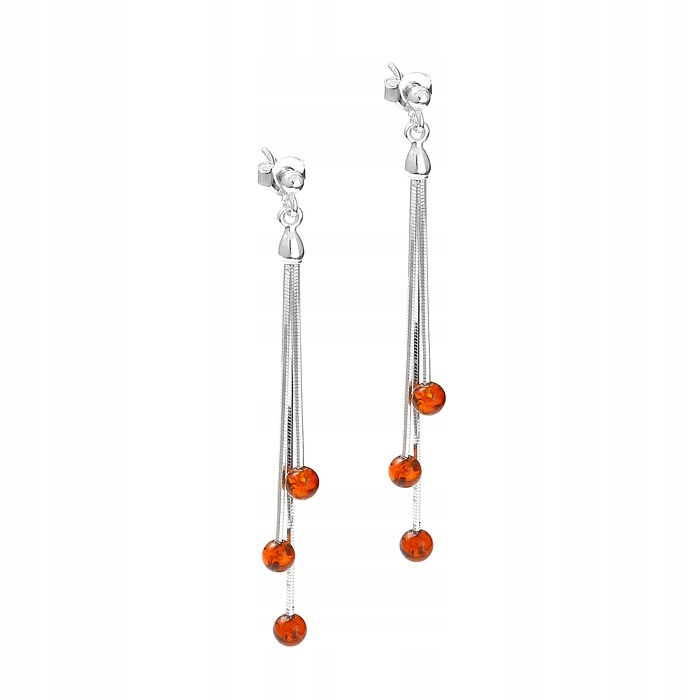 Stříbrné Dlouhé Náušnice S Koňakovými Jantary